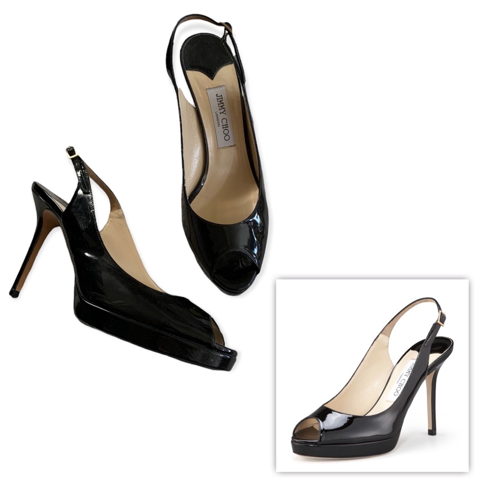 Jimmy Choo Black Nova Peep Toe Slingback Patent Heels